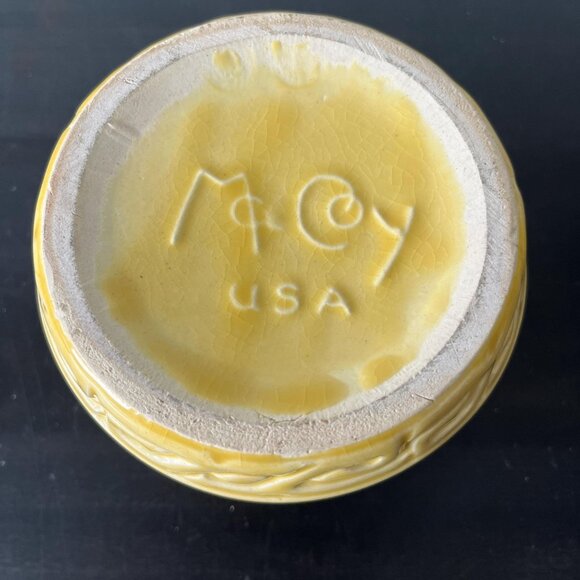 Vintage 1940s McCoy Greek Key Planter // Yellow Glaze // Attached Saucer 4.75" - Picture 6 of 10